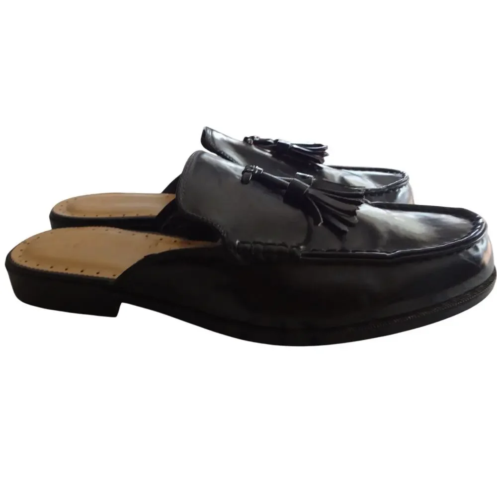 H&M Black Leather Mule Loafer Tassel Pinch Moc Flat Slip on MENS 10 Dress Shoe